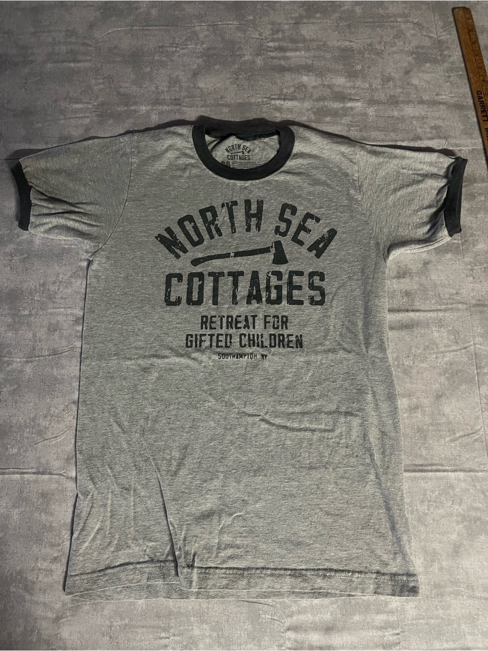 Target Grey Ringer T-Shirt with Black Trim and North Sea Cottages Graphic